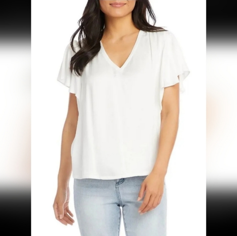 Karen Kane Women's V-Neck TopWhite Short ruffle sleeves Size Small